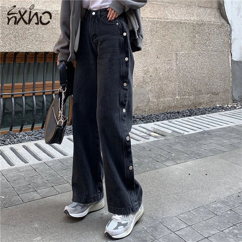 

calças de brim de perna larga para as mulheres fundo baggy jeans cintura alta comprimento total roupas streetwear vintage