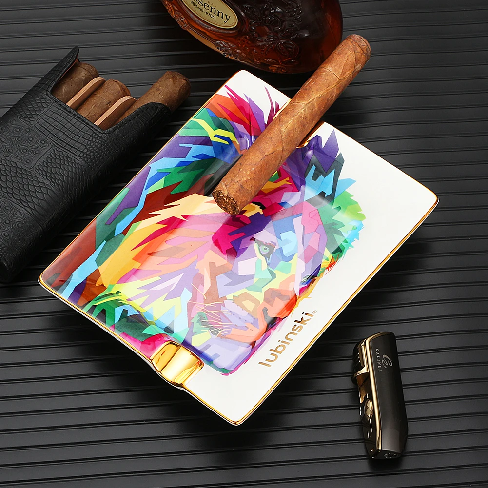 

LUBINSKI Office Smoking Accessories Ceramic Cigar Ashtray Home 2 Slot Creative Desk Tobacco Ashtrays With Gift Box