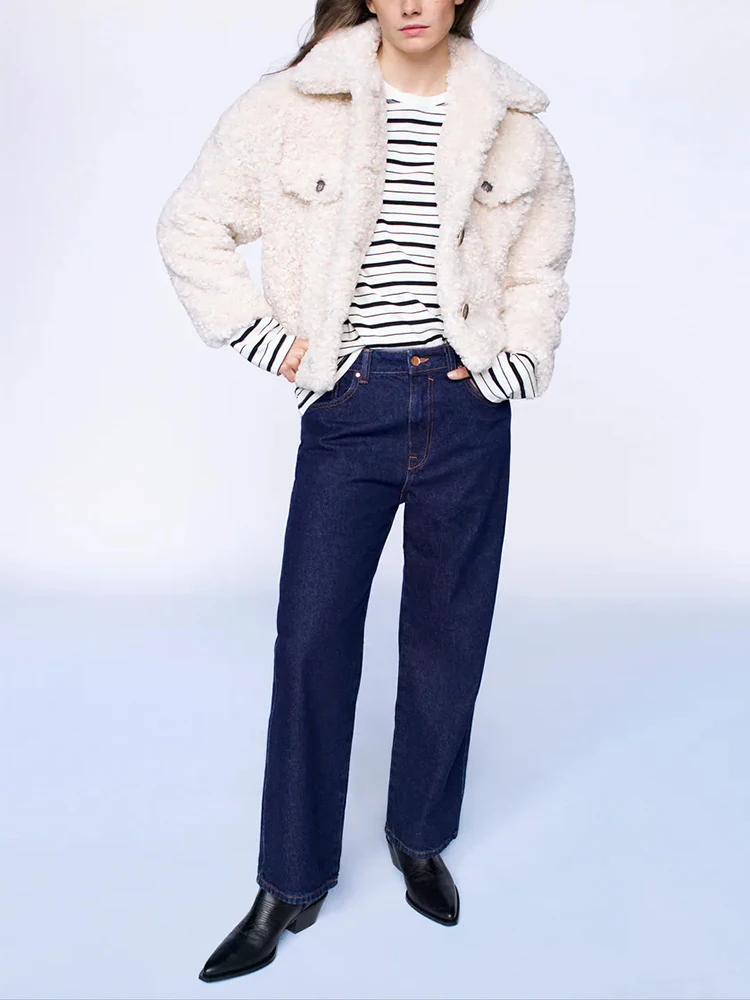 Женская флисовая куртка ZA, свободная однотонная теплая куртка с воротником из меха ягненка, в стиле ретро, осень 
Женская флисовая куртка ZA, свободная однотонная теплая куртка с воротником из меха ягненка, в стиле ретро, осень