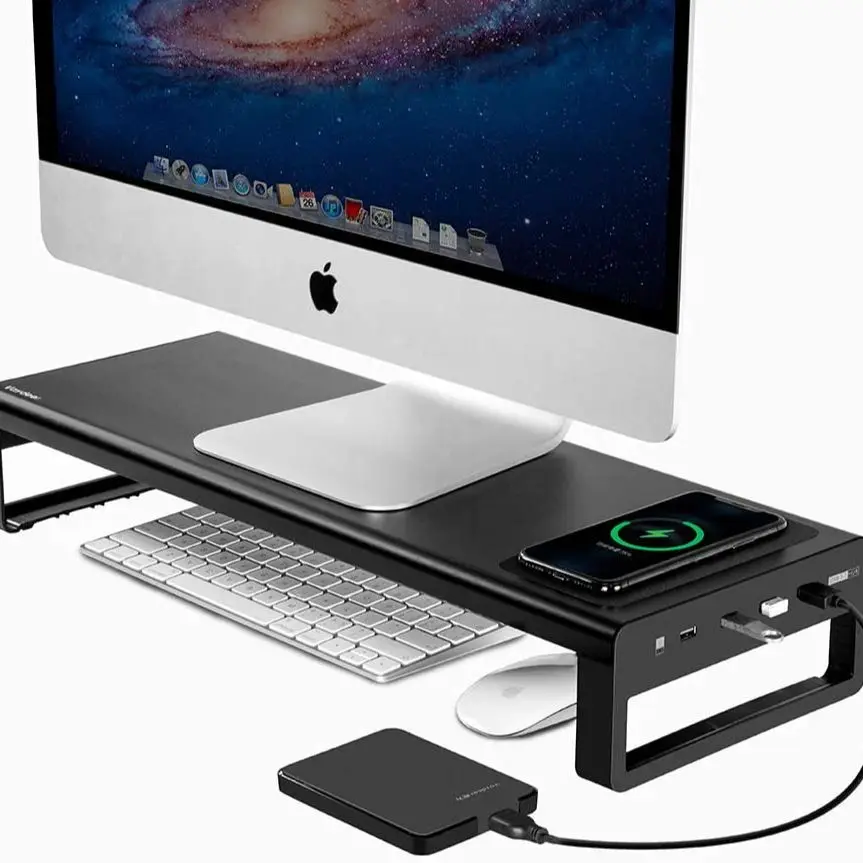 Беспроводной зарядки Алюминий монитор Стенд USB3.0 Riser Поддержка передачи данных