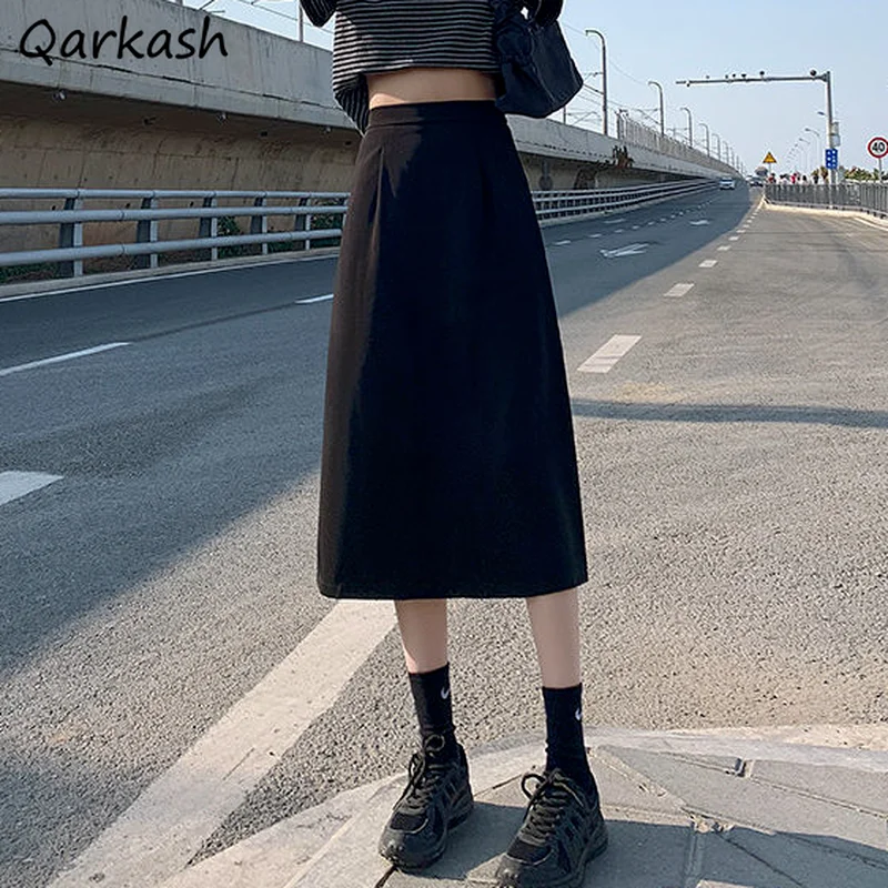 Skirts Women Solid Black Mid-calf Elastic Waist High Street All-match Basic Summer A-line Popular Students Maiden Back-slit Cool 
Skirts Women Solid Black Mid-calf Elastic Waist High Street All-match Basic Summer A-line Popular Students Maiden Back-slit Cool