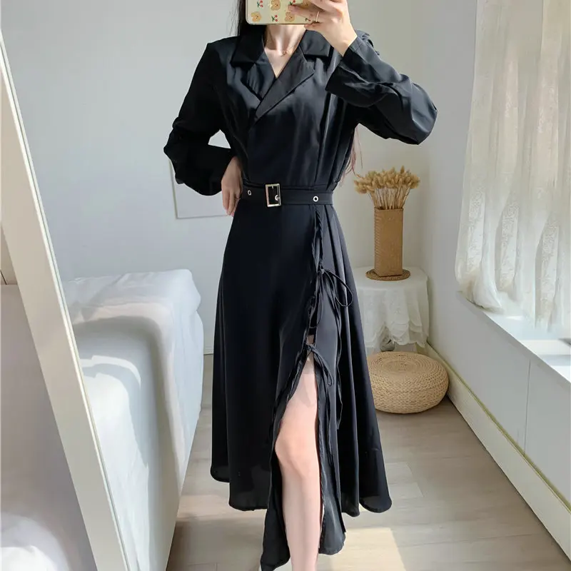 2021 Spring Women Black Shirt Dresses Notched Collar Long Sleeve Belt Waist Slite Slit Peplum Design One Piece Dress Plus Size
2021 Spring Women Black Shirt Dresses Notched Collar Long Sleeve Belt Waist Slite Slit Peplum Design One Piece Dress Plus Size
