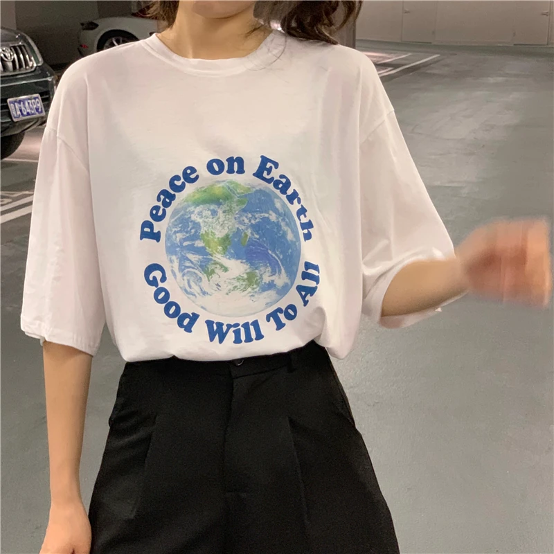 3025 Korean loose fashion chic western style age reducing earth print short-sleeved T-shirt
3025 Korean loose fashion chic western style age reducing earth print short-sleeved T-shirt
