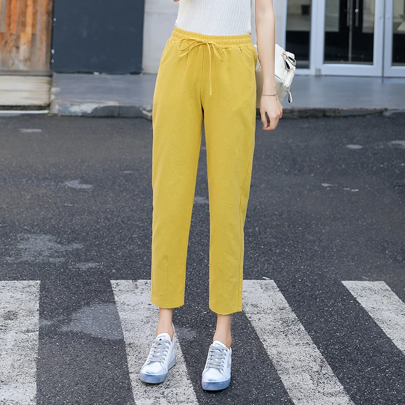 

2021 Spring Summer Thin Cotton Linen Trousers Pencil Pants Women Casual Elastic High Waist Pants Female Pantalon Femme 10067