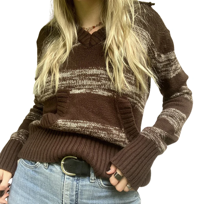 Women Casual Hooded Sweater Adults Striped Long Sleeve V-neck Knitwear with Pocket
Women Casual Hooded Sweater Adults Striped Long Sleeve V-neck Knitwear with Pocket
