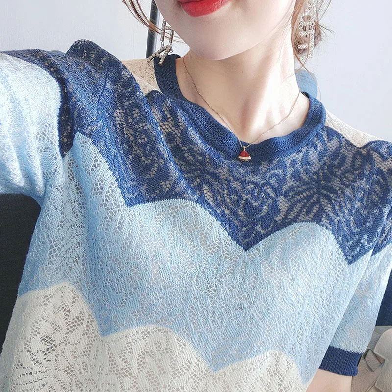 Elegant Blue Fashion Summer Cotton Knitted Shirts Hollow Out O Neck Women Blouses and Tops Short Sleeve Women Clothing
Elegant Blue Fashion Summer Cotton Knitted Shirts Hollow Out O Neck Women Blouses and Tops Short Sleeve Women Clothing