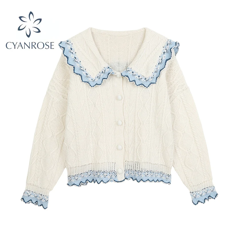 Cardigan Women Vintage Lotus Leaf Collar Knitted Off White Crop Top Sweater 2021 New Casual Fashion Loose Knitwear Autumn Winter
Cardigan Women Vintage Lotus Leaf Collar Knitted Off White Crop Top Sweater 2021 New Casual Fashion Loose Knitwear Autumn Winter