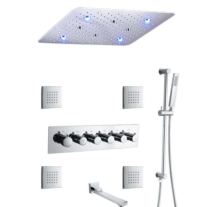 

Thermostatic Chrome Polished Shower Mixer Set 50x50 Cm LED Bathroom Rainfall Shower Spa Combo Set With Handheld