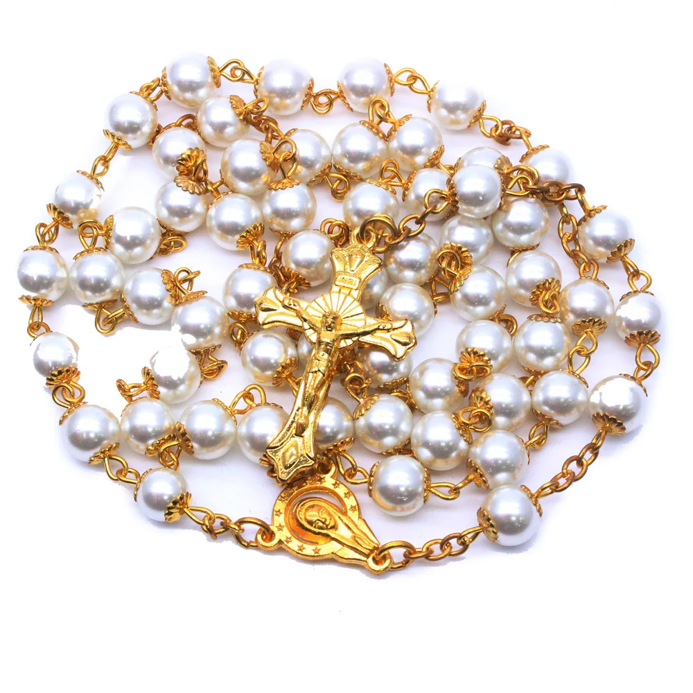 QIGO 8 mm Pearl Rosary Necklace With Cup For Wedding Long Cross Pendant Catholic Jewelry | Украшения и аксессуары