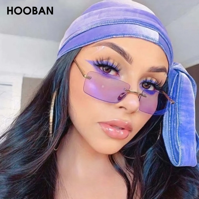Женские солнцезащитные очки без оправы HOOBAN маленькие прямоугольные модные цвета