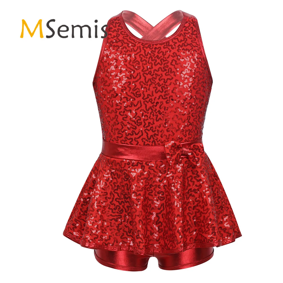 

Kids Girls Sequins Jazz Modern Tap Dancewear Gymnastics Figure Ice Skating Dress Sequined Bowknot Ballet Dance Leotard Dress