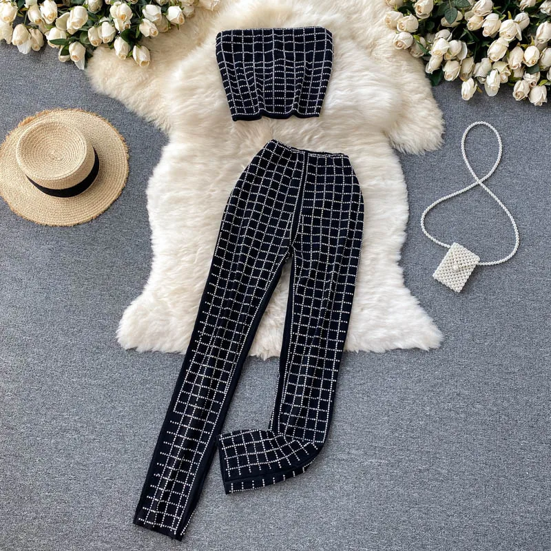Women Fashion Plaid Suits Summer Sexy Tube Tank Top Slim Pencil PantsDiamond Two-piece Sets Woman Black Party Suit Outfits
Women Fashion Plaid Suits Summer Sexy Tube Tank Top Slim Pencil PantsDiamond Two-piece Sets Woman Black Party Suit Outfits