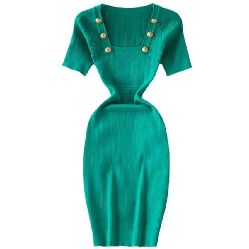 2022 Summer New Button Hollow Knit Square Neck Dress women Short Sleeve Slim package hip sheath dress
2022 Summer New Button Hollow Knit Square Neck Dress women Short Sleeve Slim package hip sheath dress