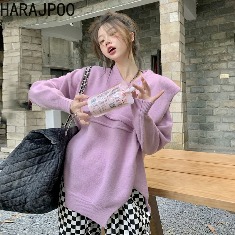 Женский трикотажный свитер Harajpoo однотонный Однотонный с V-образным вырезом