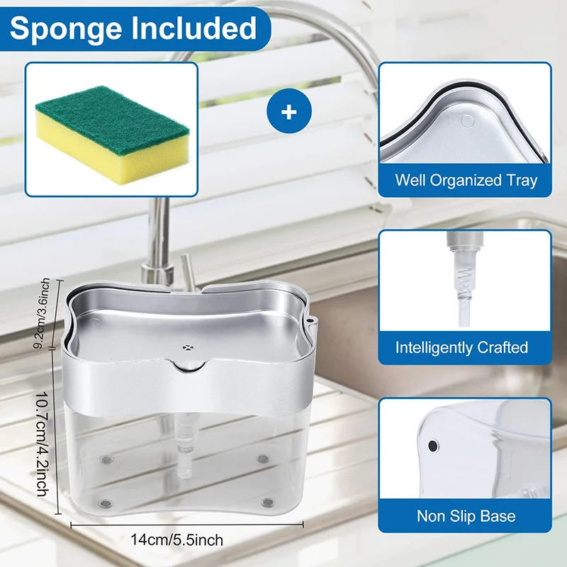Soap Dispenser for Kitchen & Sponge Holder 2-In-1 - Premium Quality Dish Soap Dispenser - Sink Dispenser
Soap Dispenser for Kitchen & Sponge Holder 2-In-1 - Premium Quality Dish Soap Dispenser - Sink Dispenser