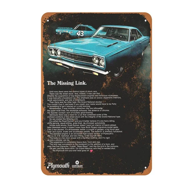 1968 Plymouth Road Runner Car Auto Vintage Tin Sign Metal Decor Metal Sign Metal Poster Wall Sign Wall Poster Wall Decor
1968 Plymouth Road Runner Car Auto Vintage Tin Sign Metal Decor Metal Sign Metal Poster Wall Sign Wall Poster Wall Decor