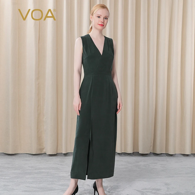 VOA Heavy Weight Silk 30m/m Dark Green Sexy Deep V-neck Vestidos Sleeveless Side Zipper Slim Slit Dress Women Dresses AE385
VOA Heavy Weight Silk 30m/m Dark Green Sexy Deep V-neck Vestidos Sleeveless Side Zipper Slim Slit Dress Women Dresses AE385