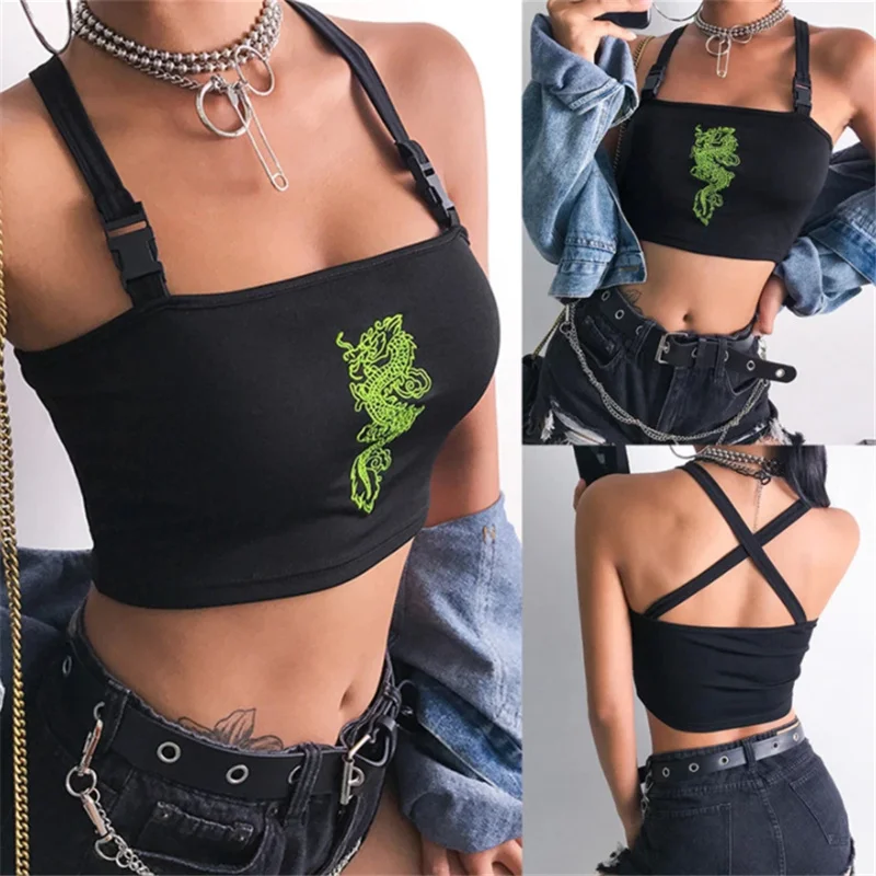 

2020 Fashion Women Sexy Hot Summer Buckle Vest Boob Tube Crop Top Bralet Sheer Dragon Embroidery Stylish Cami Tank Top