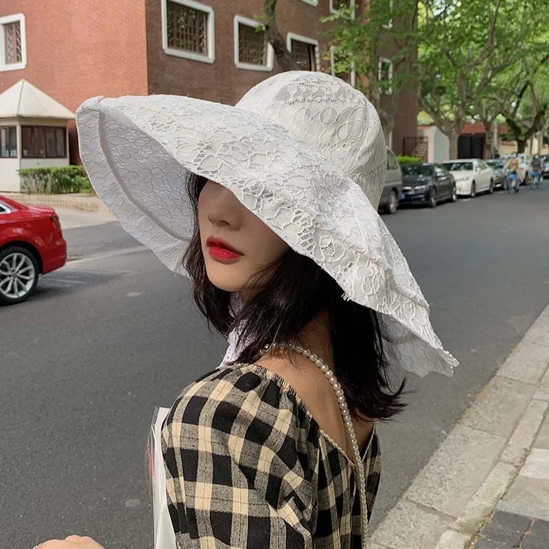 

Women Hats 2021 New Wide Brim Lace Fisherman's Caps Korean Version of The Ins Thin Section Sunshade Sun Hats Vintage Bucket Hats