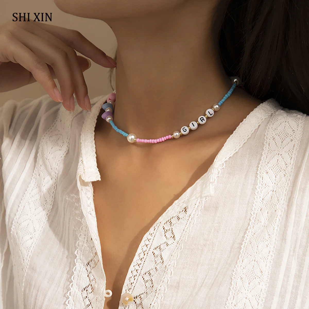 SHIXIN Bohemia Colorful Bead Heart Choker Necklace for Women Fashion Candy Letter Necklace Beaded Chain on the Neck Jewelry 2021
SHIXIN Bohemia Colorful Bead Heart Choker Necklace for Women Fashion Candy Letter Necklace Beaded Chain on the Neck Jewelry 2021