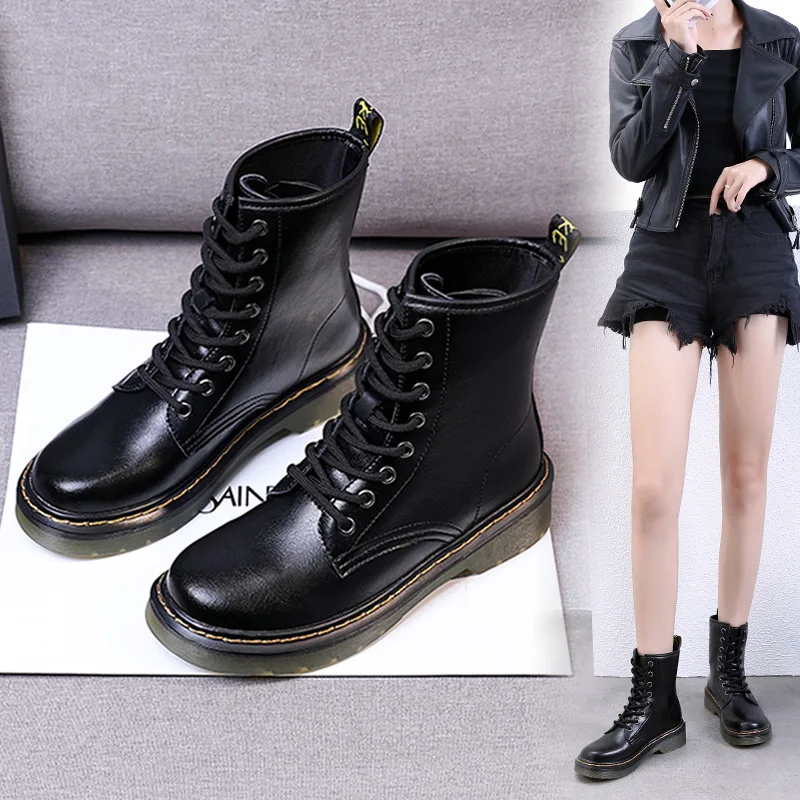 

Women's Outdoor Martin Boots High Quality Cow Leather Tooling Shoes Cool Design Lace-up Womens Black Ankle Boots Platform
