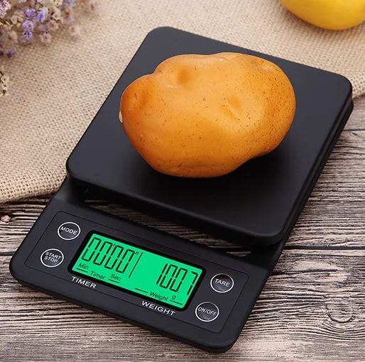 

Портативные электронные весы с таймером, цифровой кухонный прибор для взвешивания кофе с ЖК дисплеем x0.1g, максимальный вес 3 кг/5 кг, ювелирны...