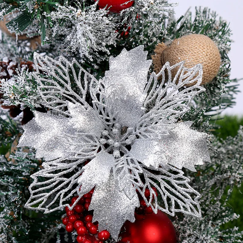 

10 шт. 9 см золотая пудра, полый цветок, головка для украшения рождественской елки, блестящая искусственная гирлянда, аксессуары