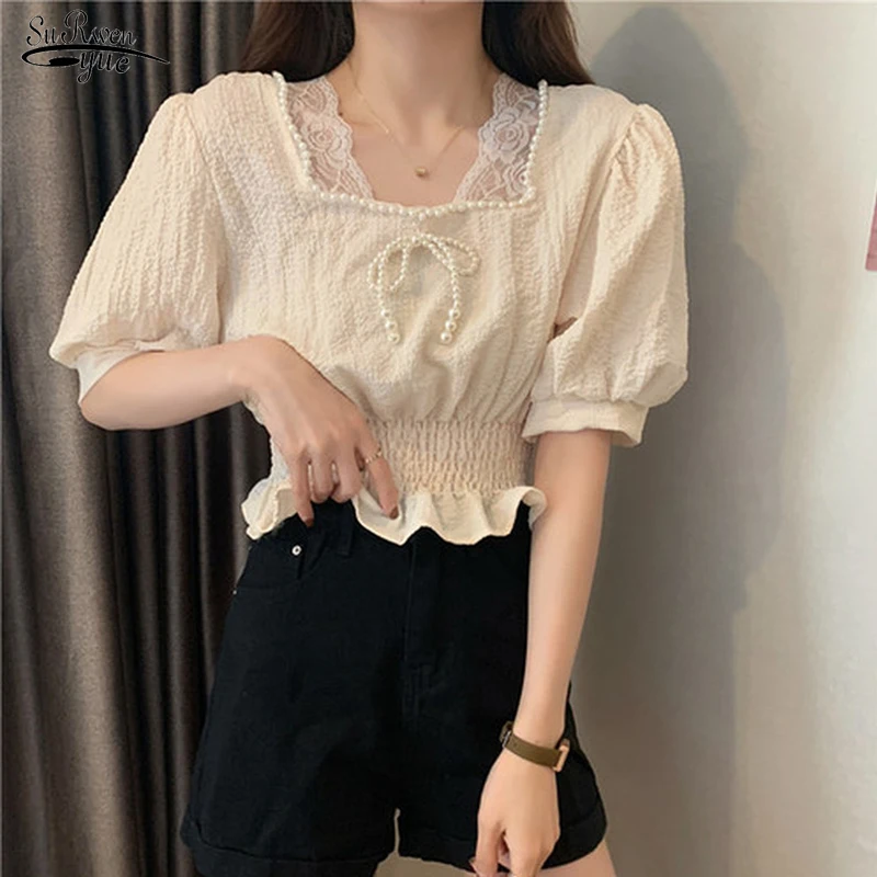 Korean Womens Pearl Cropped Tops Square Collar Puff Sleeve Shirts Vintage Blouse Women Lace Patchwork White Blusas Mujer 15332
Korean Womens Pearl Cropped Tops Square Collar Puff Sleeve Shirts Vintage Blouse Women Lace Patchwork White Blusas Mujer 15332