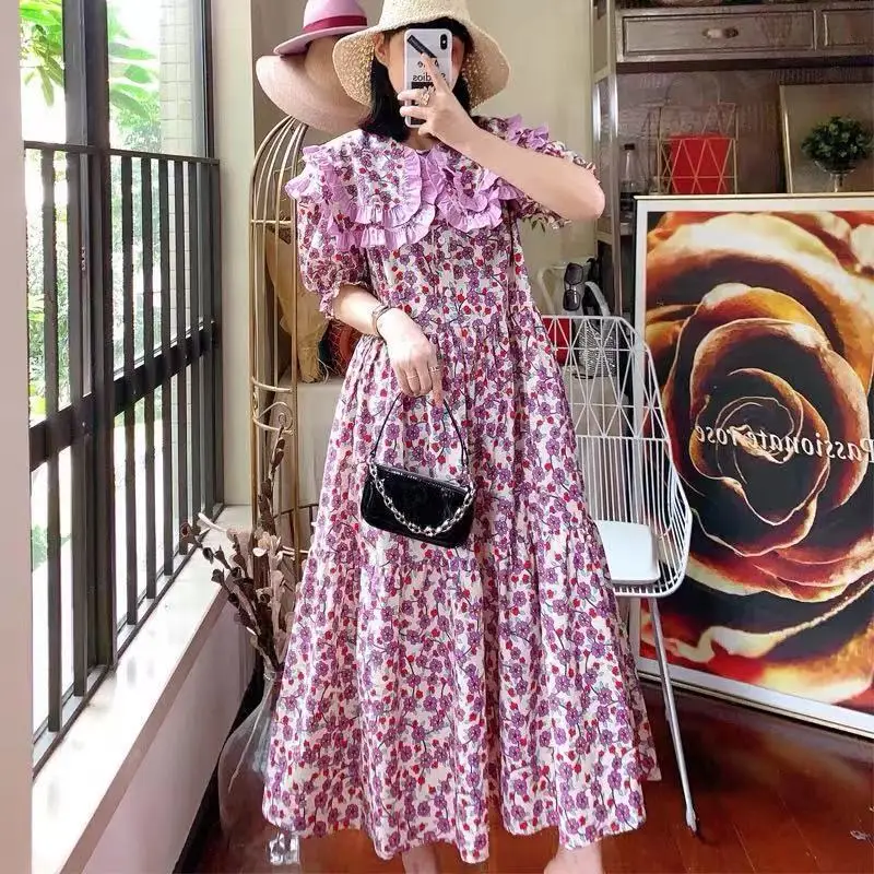 Женское платье с цветочным принтом, повседневное длинное винтажное платье в стиле бохо с пышными рукавами и круглым воротником, лето 2021 
Женское платье с цветочным принтом, повседневное длинное винтажное платье в стиле бохо с пышными рукавами и круглым воротником, лето 2021