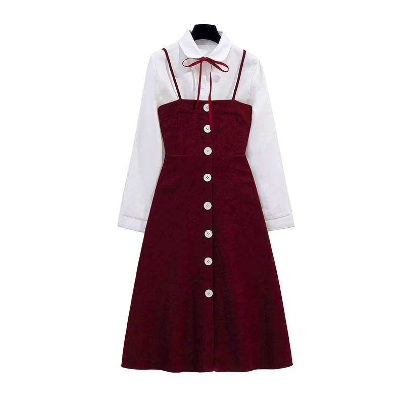 2021 Spring Women Outfit Blouse Top Student Fashion Noble Western Style Wine Red Braces Skirt Joker With Bowknot White Shirt
2021 Spring Women Outfit Blouse Top Student Fashion Noble Western Style Wine Red Braces Skirt Joker With Bowknot White Shirt