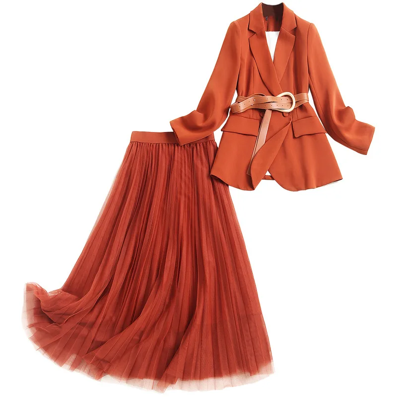 High Quality Women 2 Piece Set Blazers with Belt+pleated Skirts Sashes Ankle-Length Elastic Waist Wonen Clothing Matching Sets 
High Quality Women 2 Piece Set Blazers with Belt+pleated Skirts Sashes Ankle-Length Elastic Waist Wonen Clothing Matching Sets