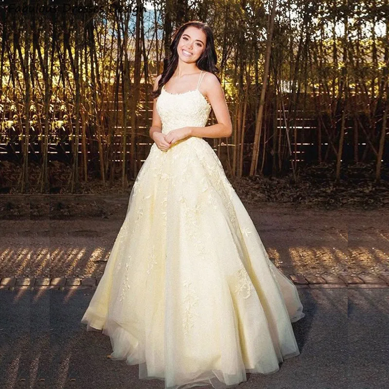 Applique Lace Long Prom Dresses Light Yellow Criss Cross Backless Scoop Neck Evening Dress 2021 Spaghetti Strap Sweep Train
Applique Lace Long Prom Dresses Light Yellow Criss Cross Backless Scoop Neck Evening Dress 2021 Spaghetti Strap Sweep Train