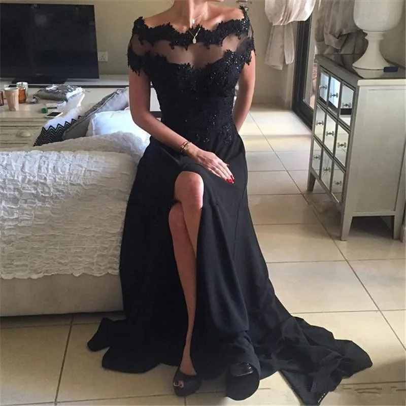 Elegant 2019 abiye Black A Line Evening Dress boat Neck Lace Appliques Beaded Sexy Split Formal Prom dresses robe de soiree
Elegant 2019 abiye Black A Line Evening Dress boat Neck Lace Appliques Beaded Sexy Split Formal Prom dresses robe de soiree