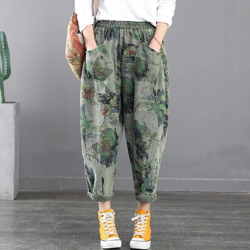 Artistic Retro Printing Elastic Waist Denim Washed Harem Pants Loose Leisure Slimming Women 'S Pants 
Artistic Retro Printing Elastic Waist Denim Washed Harem Pants Loose Leisure Slimming Women 'S Pants