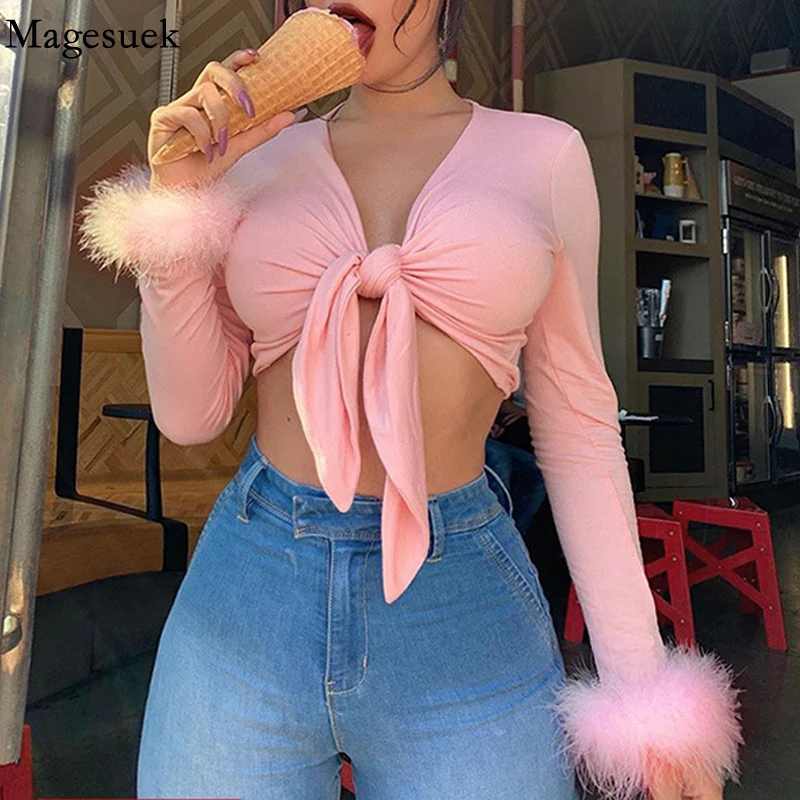 

Women Sexy Long Sleeve Crop Top Streetwear T-Shirt Fashion Bowknot Plush Stitching Pink Blouse Women Tops Spring Shirts 18207