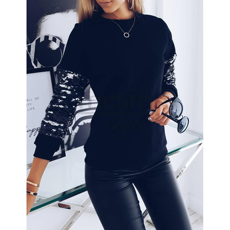 Autumn Long Sleeve Sequined T-shirt Women Black Harajuku Tee Shirt Femme Punk Clothing 2019 SJ4602V | Женская одежда
