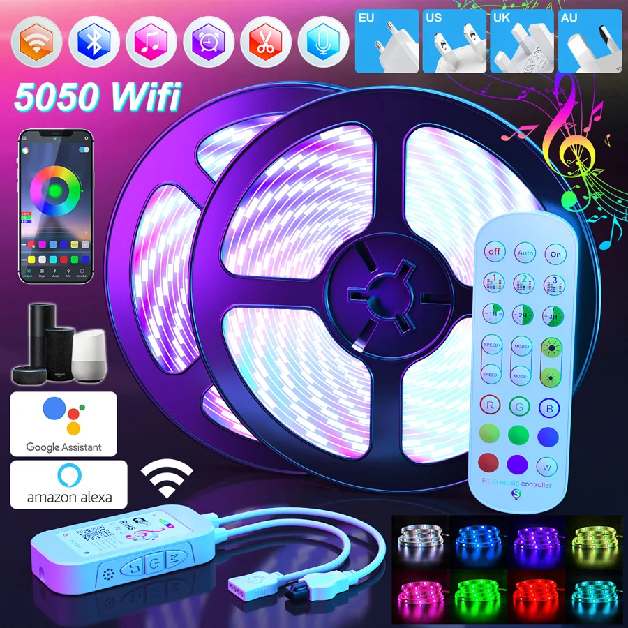LED Strip Lights Wifi RGB Led Light Bluetooth 5050 SMD Flexible Waterproof Tape Diode Alexa Phone Control With Power Adapter 
LED Strip Lights Wifi RGB Led Light Bluetooth 5050 SMD Flexible Waterproof Tape Diode Alexa Phone Control With Power Adapter