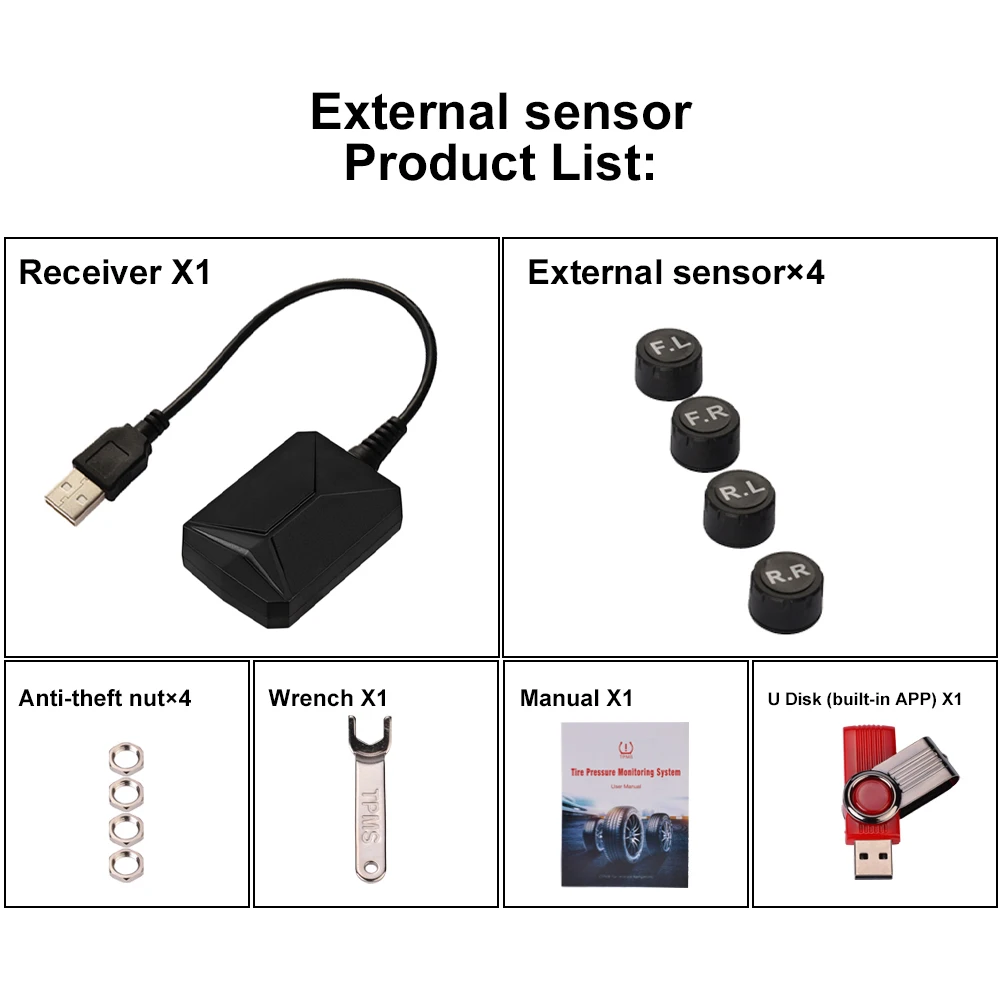 Tire Pressure Monitoring System USB TPMS Tire Pressure Temperatue Monitor with External/Internal Sensors for Android Car Stereo
Tire Pressure Monitoring System USB TPMS Tire Pressure Temperatue Monitor with External/Internal Sensors for Android Car Stereo