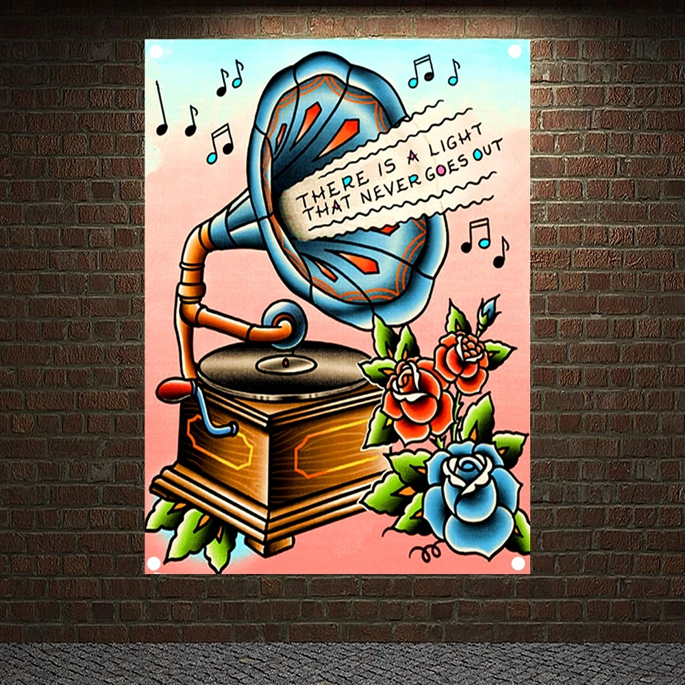 Phonograph Tattoo Banners Vintage Canvas Painting Wall Art Print Posters Home Decor Mural Hanging Flag 4 Gromments in Corners
Phonograph Tattoo Banners Vintage Canvas Painting Wall Art Print Posters Home Decor Mural Hanging Flag 4 Gromments in Corners