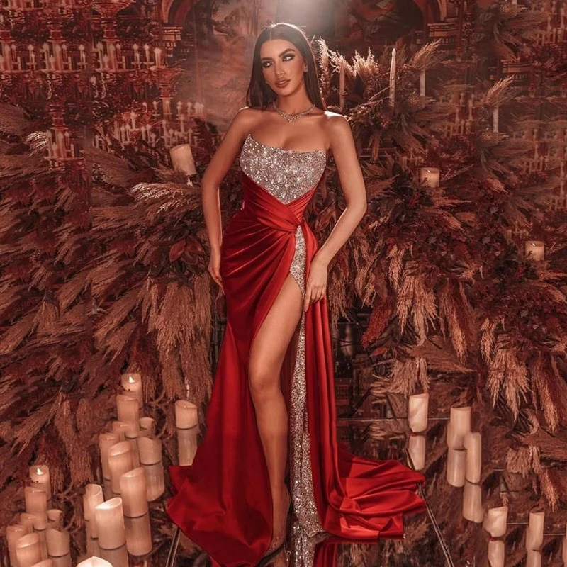 Женское вечернее платье-русалка, Бордовое платье с высоким разрезом сбоку и блестками, длинное платье с открытой спиной для выпускного вече...
Женское вечернее платье-русалка, Бордовое платье с высоким разрезом сбоку и блестками, длинное платье с открытой спиной для выпускного вече...