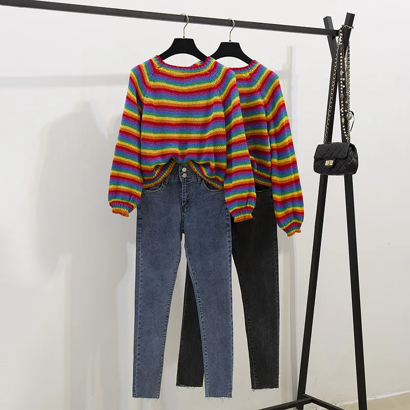 Rainbow Striped Sweater Female Autumn Korean Fashion Women 2 Pcs Sets Loose Coat Tight Elastic High Waist Jeans Two-Piece Outfit
Rainbow Striped Sweater Female Autumn Korean Fashion Women 2 Pcs Sets Loose Coat Tight Elastic High Waist Jeans Two-Piece Outfit