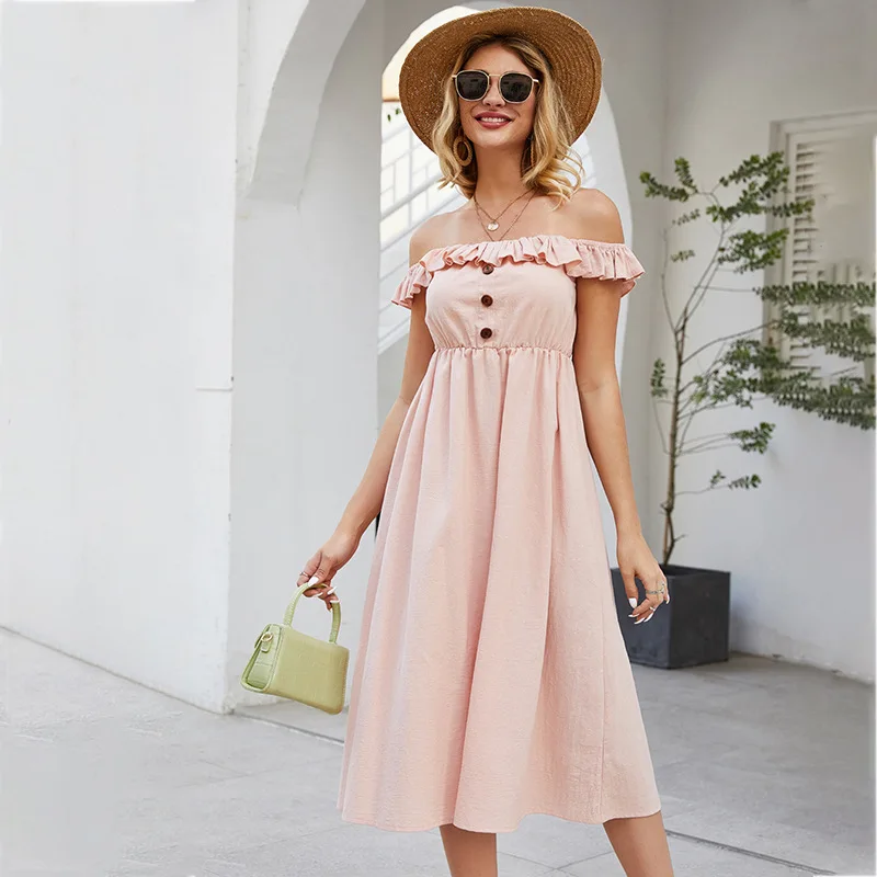 Summer Ladies Elegant Solid Single-breasted Dress Women Casual Slash Neck Ruffles Slim Off The Shoulder Dress 2021 New
Summer Ladies Elegant Solid Single-breasted Dress Women Casual Slash Neck Ruffles Slim Off The Shoulder Dress 2021 New