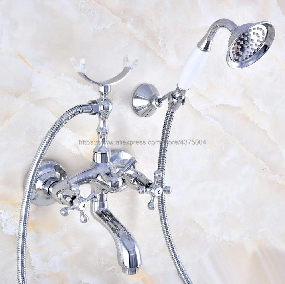 

Wall Mounted Polished Chrome Clawfoot Bathtub Faucet telephone style Bath Shower Water Mixer tap with Handshower Nna766