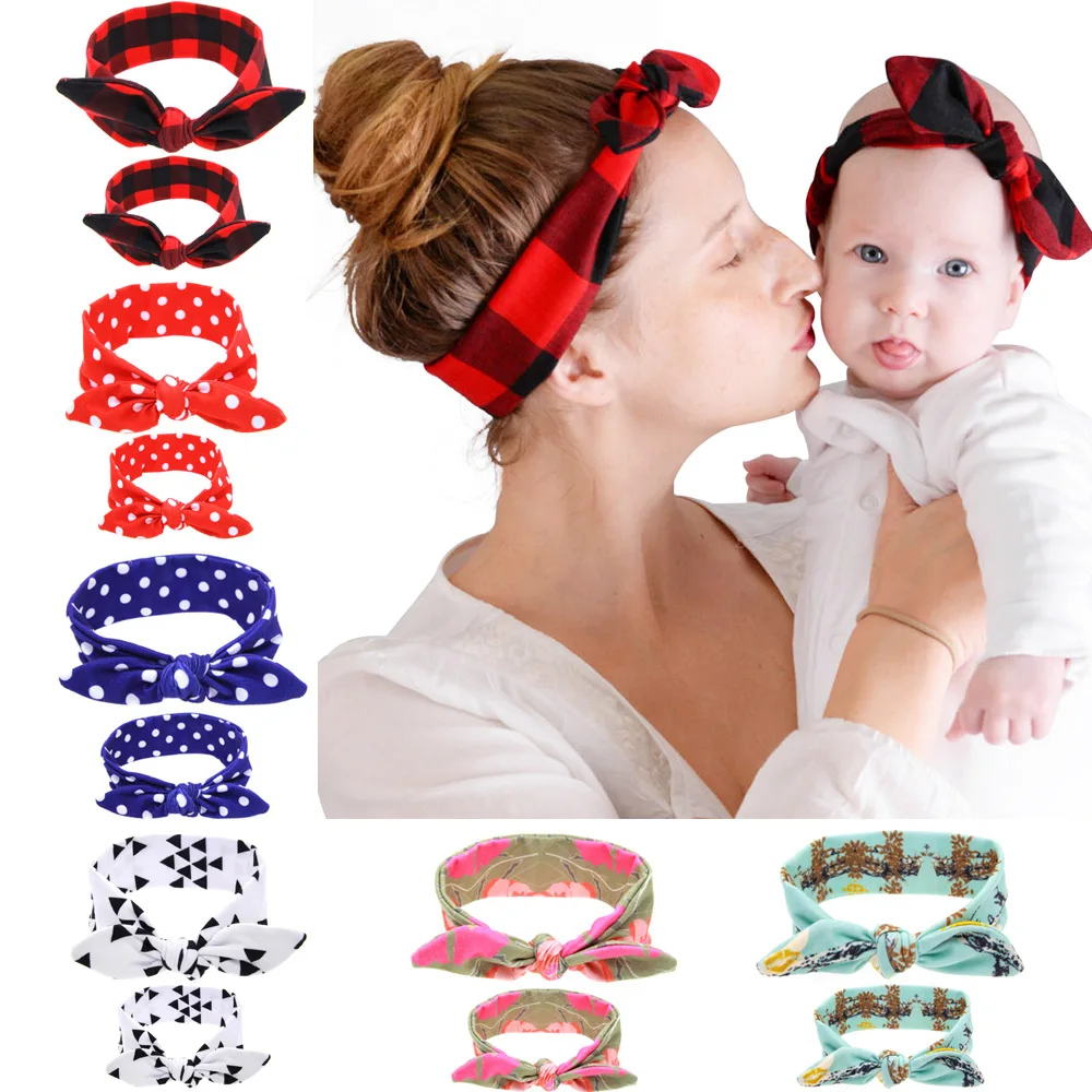 

2Pcs/Set Mom & Baby Headbands Fashion Print Parent-Child Hair Accessories DIY Handmade Rabbit Ears Bowknot Headband Girls Turban