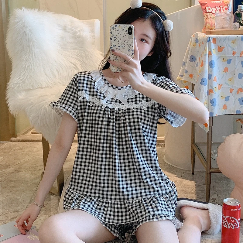 Short Sleeve Pajamas For Women Summer Comfortable Cute Pyjama Set Girls Plaid Print Nightwear Sleepwear Suit Femme Home Clothes
Short Sleeve Pajamas For Women Summer Comfortable Cute Pyjama Set Girls Plaid Print Nightwear Sleepwear Suit Femme Home Clothes