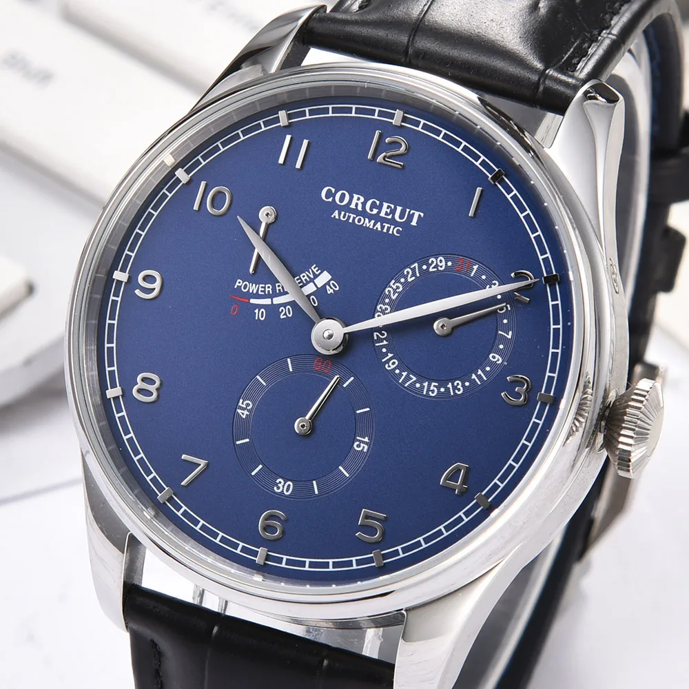 

42mm Corgeut Mens Watch Fashtion Blue Dial Automatic Mechanical Watches Power Reserve Date Waterproof 316L Stainless Steel