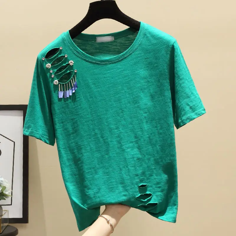 Short Sleeve Tshirt Cotton Shirts Woman New Korean Style Loose Fitting 2XL T-shirt Women's Hollow Holes Tee Tees Students Tops 
Short Sleeve Tshirt Cotton Shirts Woman New Korean Style Loose Fitting 2XL T-shirt Women's Hollow Holes Tee Tees Students Tops