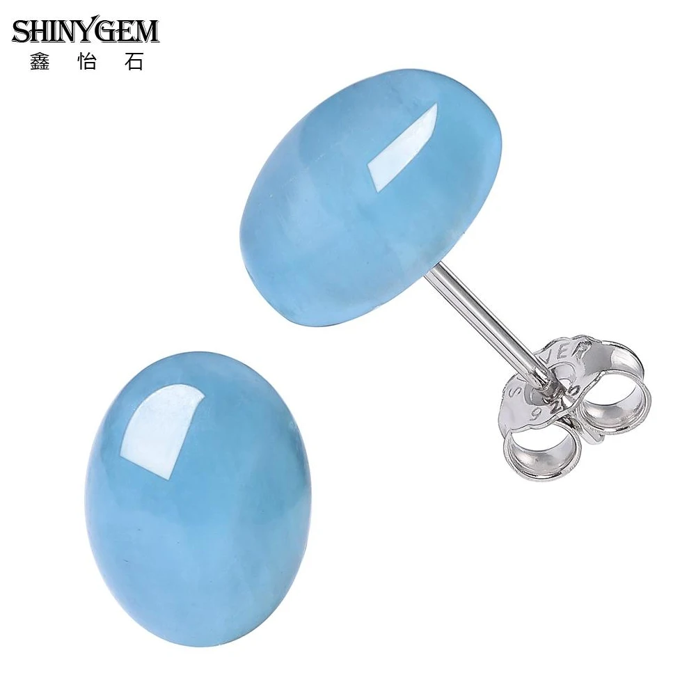 

ShinyGem Elegant 7-10mm Natural Aquamarine Stud Earrings 925 Sterling Silver Charm Blue Oval Gem Stone Cute Earrings For Women
