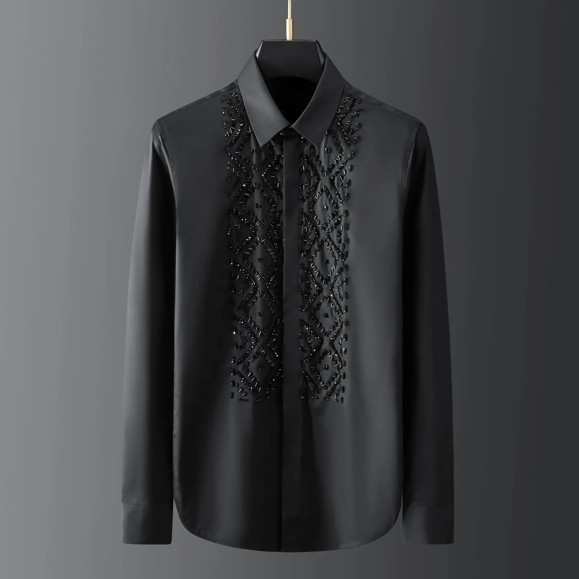 Luxury Heavy Industry Beads Design Shirt Hand Made Black Elegant Geometric Metal Stone Beads Sewing Men Shirt European Brand
Luxury Heavy Industry Beads Design Shirt Hand Made Black Elegant Geometric Metal Stone Beads Sewing Men Shirt European Brand