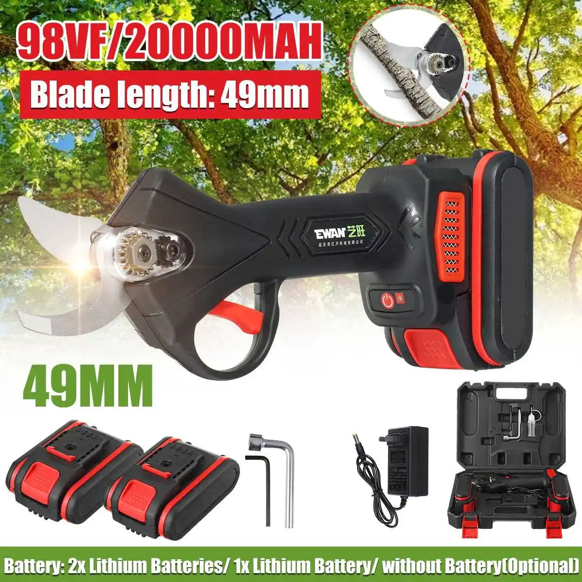 98VF Electric Cordless Pruner 2 battery Pruning Shear 20000mAh Lithium-ion Battery Efficient Fruit Tree Bonsai Pruning Cutter
98VF Electric Cordless Pruner 2 battery Pruning Shear 20000mAh Lithium-ion Battery Efficient Fruit Tree Bonsai Pruning Cutter